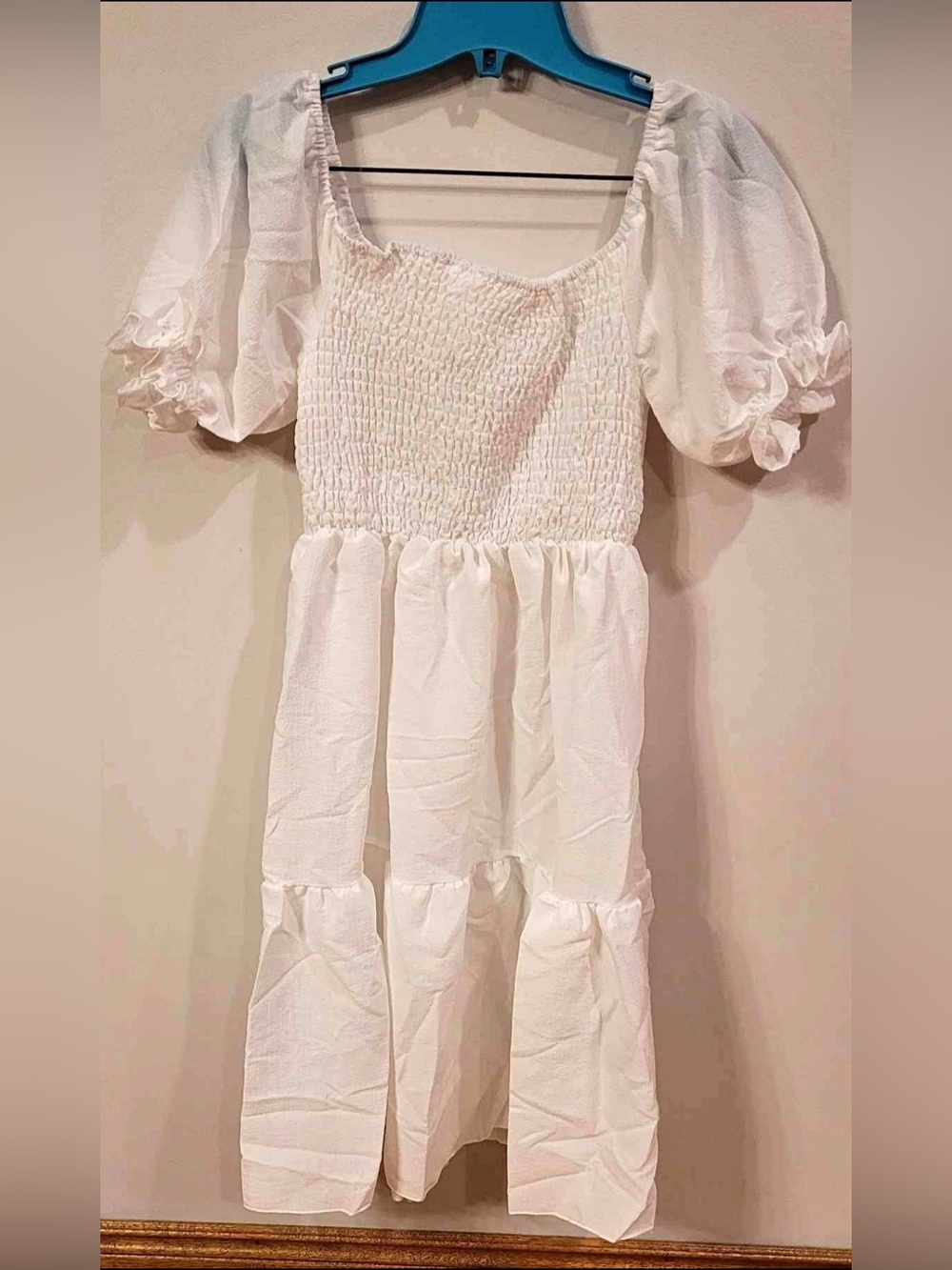 Puff Sleeve Smocked Mini Dress White Size M